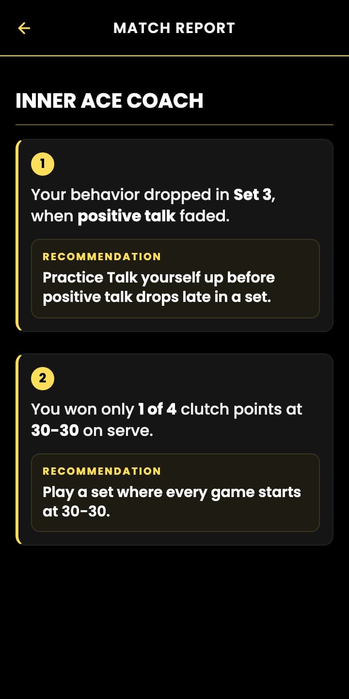 Inner Ace Coach in the app: two findings from the match, each with a recommendation