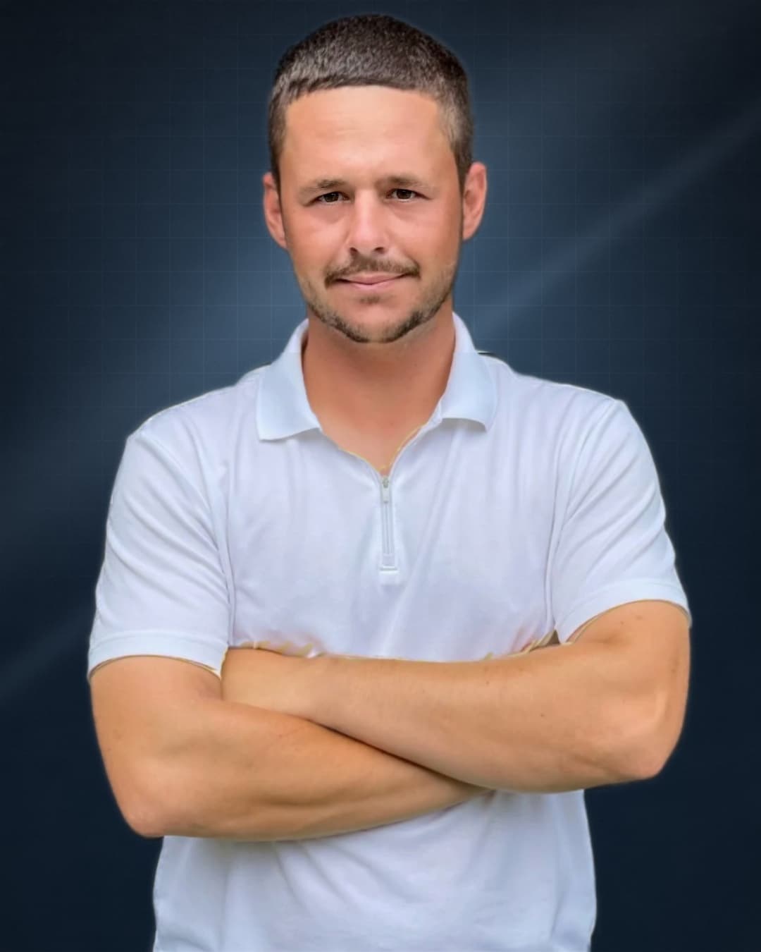Alex Navrotchi in a white polo, arms crossed, in front of a blue backdrop